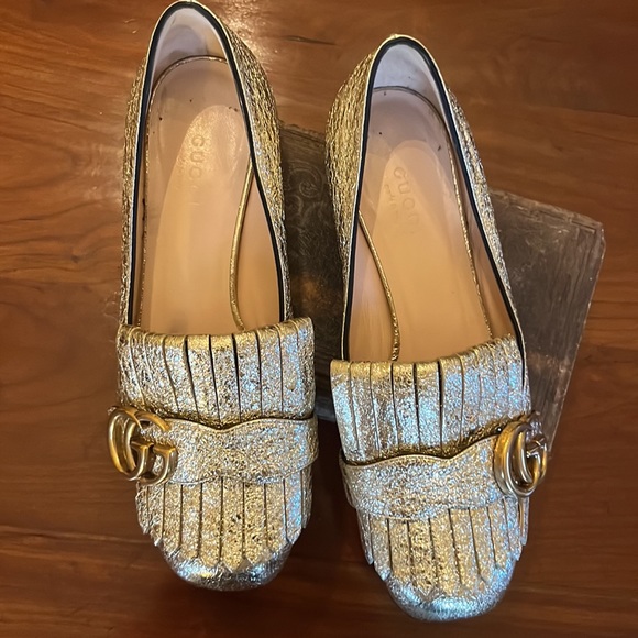 GUCCI Marmont Gold Mid Heel Loafer Fringe Metallic GG Logo - Picture 8 of 16